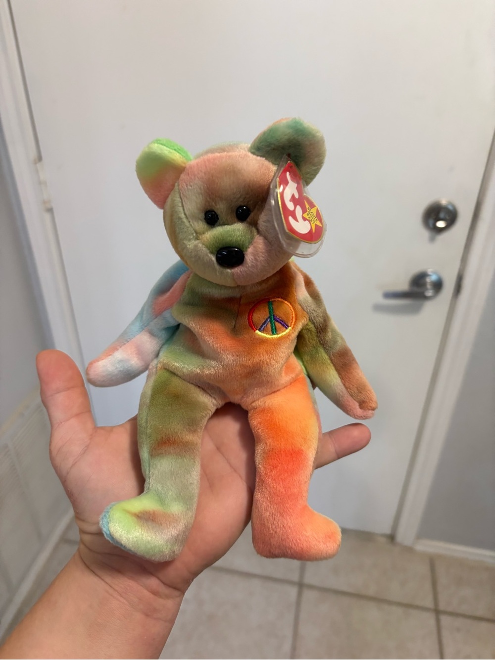 Ty Tie-Dye Peace Bear Plush in Green, Orange, Pink, Blue